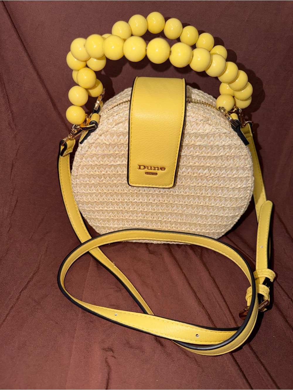Dune London Yellow Beaded Handle Round Straw Mini Crossbody